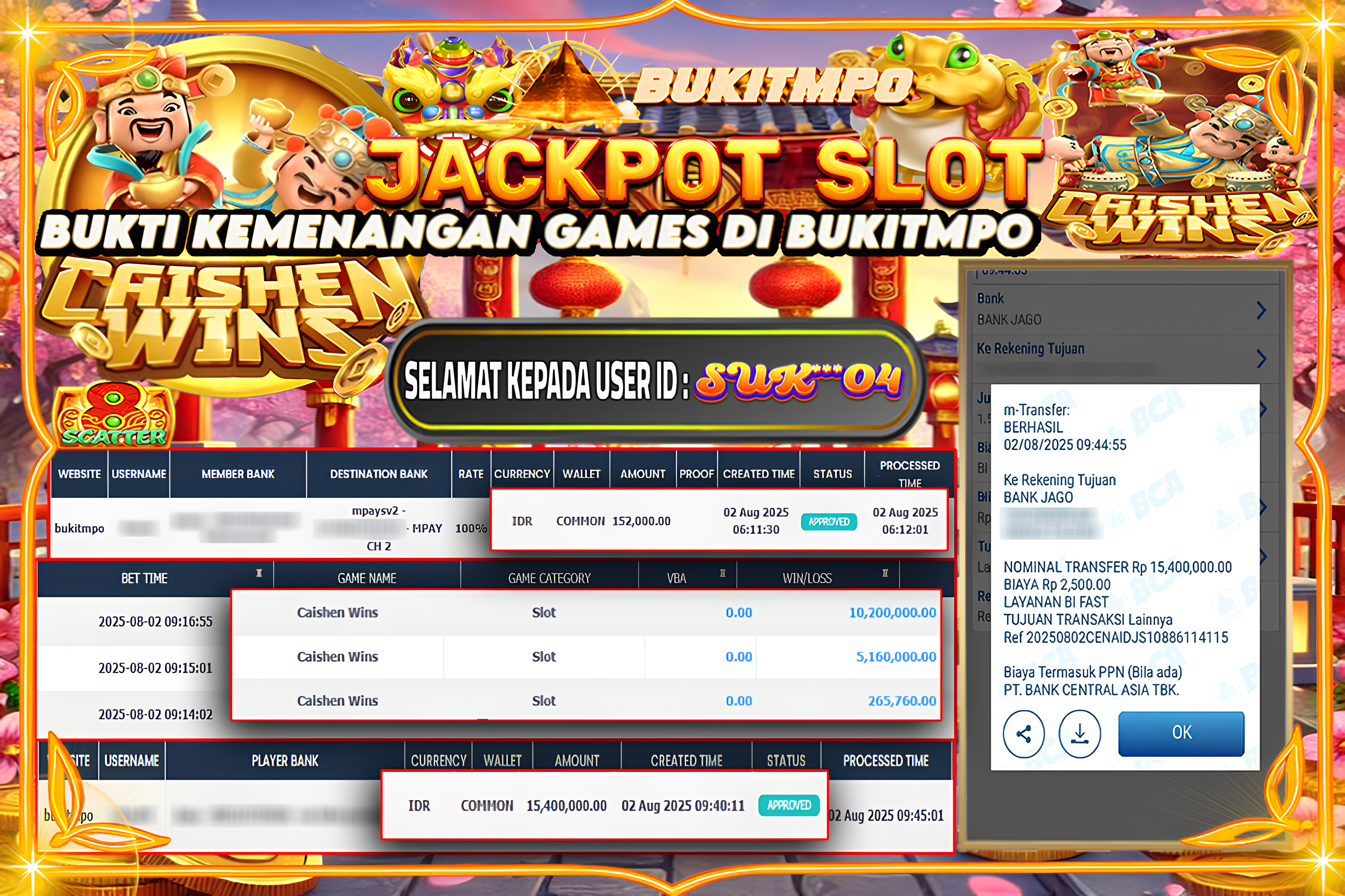 BUKITMPO JACKPOT CAISHEN WINS Rp.15.400.000,- LUNAS